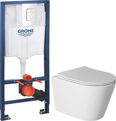 Унитаз подвесной с инсталляцией Saniteco Rimless R-201W + GROHE Rapid SL 38772SH0 (с кнопкой белый глянец)