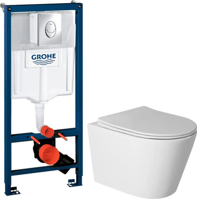 Унитаз подвесной с инсталляцией Saniteco Rimless R-201W + GROHE Rapid SL 38721001 (с кнопкой хром глянец)