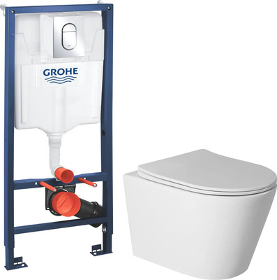 Унитаз подвесной с инсталляцией Saniteco Rimless R-201W + GROHE Rapid SL 39504000 (с кнопкой хром глянец)