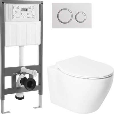 Унитаз подвесной с инсталляцией Saniteco KW-99046 + 501 + K01-W (с кнопкой, белый)
