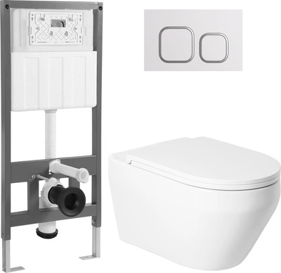 Унитаз подвесной с инсталляцией Saniteco KW-9009W + 501 + K02-W (с кнопкой, белый)