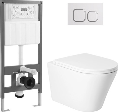 Унитаз подвесной с инсталляцией Saniteco KW-9005W + 501 + K02-W (с кнопкой, белый)