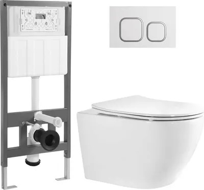 Унитаз подвесной с инсталляцией Saniteco Torando T-203W + 501 + K02-W (с кнопкой, белый)