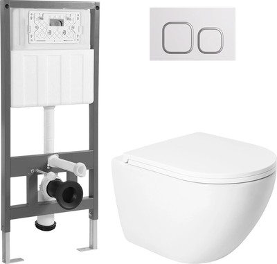 Унитаз подвесной с инсталляцией Saniteco KW-9003WT + 501 + K02-W (с кнопкой, белый)