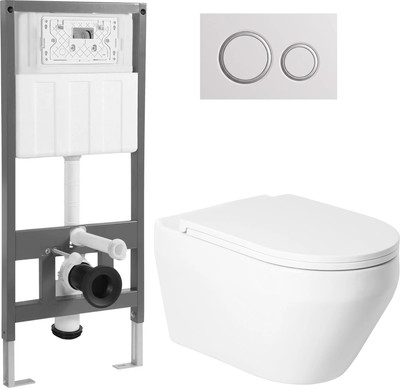 Унитаз подвесной с инсталляцией Saniteco KW-9009W + 501 + K01-W (с кнопкой, белый)