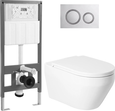 Унитаз подвесной с инсталляцией Saniteco KW-9009W + 501 + K01-PGG (с кнопкой, хром глянцевый)
