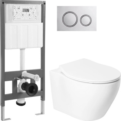 Унитаз подвесной с инсталляцией Saniteco KW-99046 + 501 + K01-PGG (с кнопкой, хром глянцевый)