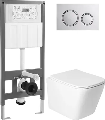 Унитаз подвесной с инсталляцией Saniteco KW-9004WS + 501 + K01-PGG (с кнопкой, хром глянцевый)