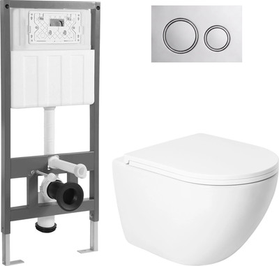 Унитаз подвесной с инсталляцией Saniteco KW-9003WT + 501 + K01-PGG (с кнопкой, хром глянцевый)