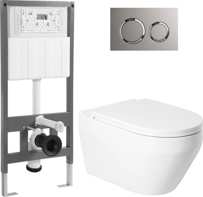 Унитаз подвесной с инсталляцией Saniteco KW-9009W + 501 + K01-PGR (с кнопкой, платиново-серый)