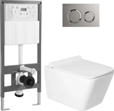 Унитаз подвесной с инсталляцией Saniteco KW-9004W + 501 + K01-PGR (с кнопкой, платиново-серый)