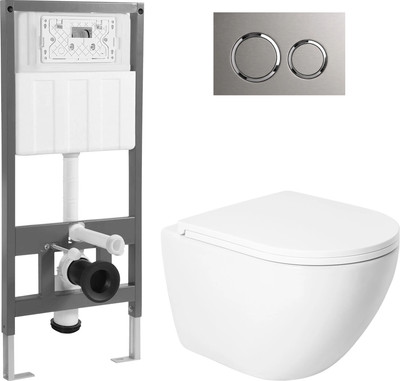 Унитаз подвесной с инсталляцией Saniteco KW-9003WT + 501 + K01-PGR (с кнопкой, платиново-серый)
