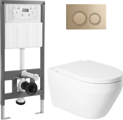 Унитаз подвесной с инсталляцией Saniteco KW-9009W + 501 + K01-PRG (с кнопкой, матовое золото)