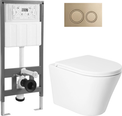 Унитаз подвесной с инсталляцией Saniteco KW-9005W + 501 + K01-PRG (с кнопкой, матовое золото)