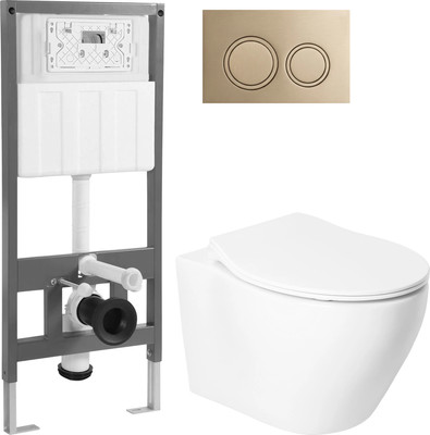 Унитаз подвесной с инсталляцией Saniteco KW-99046 + 501 + K01-PRG (с кнопкой, матовое золото)