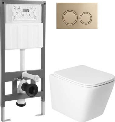 Унитаз подвесной с инсталляцией Saniteco KW-9004WS + 501 + K01-PRG (с кнопкой, матовое золото)