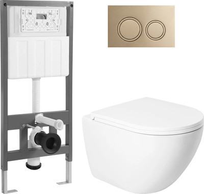 Унитаз подвесной с инсталляцией Saniteco KW-9003WT + 501 + K01-PRG (с кнопкой, матовое золото)