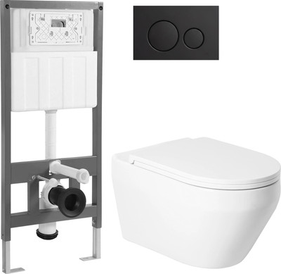 Унитаз подвесной с инсталляцией Saniteco KW-9009W + 501 + K01-SB (с кнопкой, черный)
