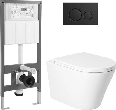 Унитаз подвесной с инсталляцией Saniteco KW-9005W + 501 + K01-SB (с кнопкой, черный)