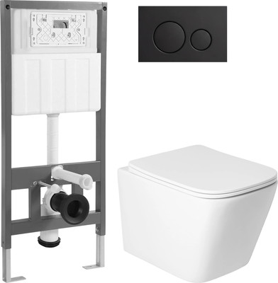 Унитаз подвесной с инсталляцией Saniteco KW-9004WS + 501 + K01-SB (с кнопкой, черный)
