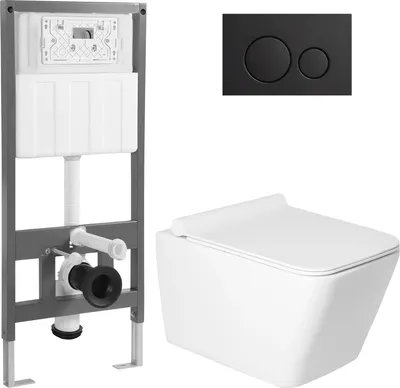Унитаз подвесной с инсталляцией Saniteco KW-9004W + 501 + K01-SB (с кнопкой, черный)