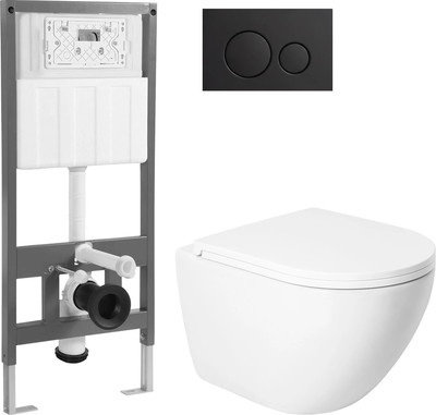Унитаз подвесной с инсталляцией Saniteco KW-9003WT + 501 + K01-SB (с кнопкой, черный)