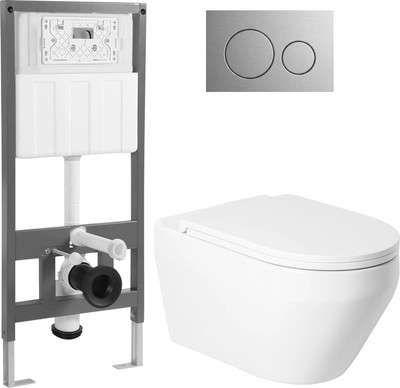 Унитаз подвесной с инсталляцией Saniteco KW-9009W + 501 + K01-SBR (с кнопкой, хром матовый)