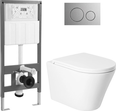 Унитаз подвесной с инсталляцией Saniteco KW-9005W + 501 + K01-SBR (с кнопкой, хром матовый)