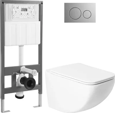 Унитаз подвесной с инсталляцией Saniteco KW-99048 + 501 + K01-SBR (с кнопкой, хром матовый)