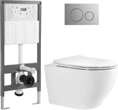 Унитаз подвесной с инсталляцией Saniteco Torando T-203W + 501 + K01-SBR (с кнопкой, хром матовый)
