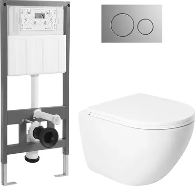 Унитаз подвесной с инсталляцией Saniteco KW-9003WT + 501 + K01-SBR (с кнопкой, хром матовый)