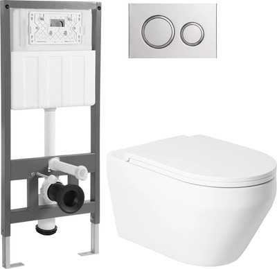 Унитаз подвесной с инсталляцией Saniteco KW-9009W + 501 + K01-SG (с кнопкой, серебристо-серый)