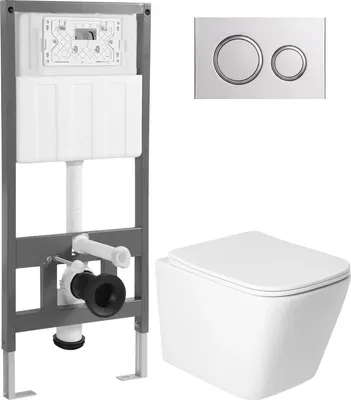 Унитаз подвесной с инсталляцией Saniteco KW-9004WS + 501 + K01-SG (с кнопкой, серебристо-серый)