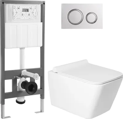 Унитаз подвесной с инсталляцией Saniteco KW-9004W + 501 + K01-SG (с кнопкой, серебристо-серый)