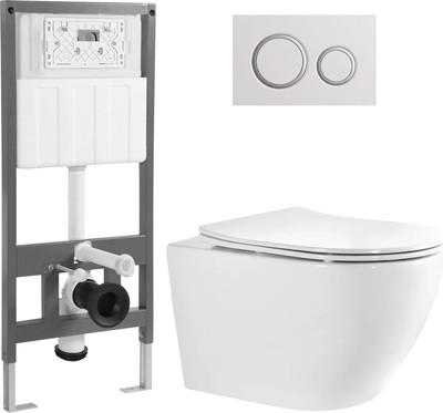 Унитаз подвесной с инсталляцией Saniteco Torando T-203W + 501 + K01-SG (с кнопкой, серебристо-серый)