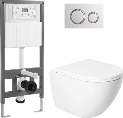 Унитаз подвесной с инсталляцией Saniteco KW-9003WT + 501 + K01-SG (с кнопкой, серебристо-серый)