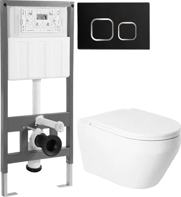 Унитаз подвесной с инсталляцией Saniteco KW-9009W + 501 + K02-B (с кнопкой, черный)