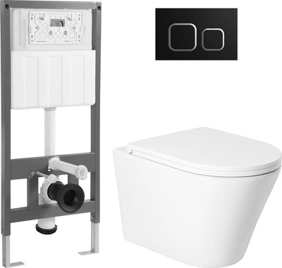 Унитаз подвесной с инсталляцией Saniteco KW-9005W + 501 + K02-B (с кнопкой, черный)