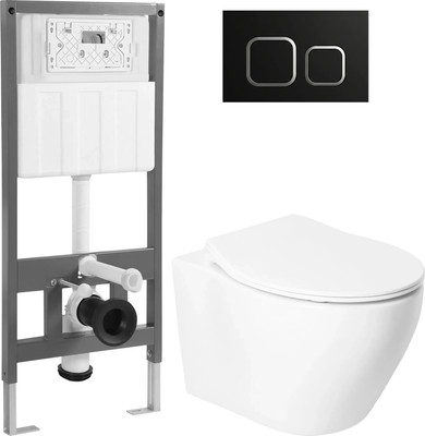 Унитаз подвесной с инсталляцией Saniteco KW-99046 + 501 + K02-B (с кнопкой, черный)