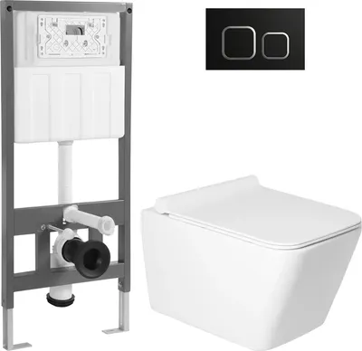 Унитаз подвесной с инсталляцией Saniteco KW-9004W + 501 + K02-B (с кнопкой, черный)
