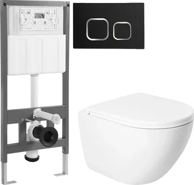 Унитаз подвесной с инсталляцией Saniteco KW-9003WT + 501 + K02-B (с кнопкой, черный)