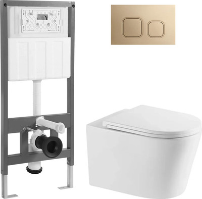 Унитаз подвесной с инсталляцией Saniteco Tornado KW-9005WT + 501 + K02-PG (с кнопкой, матовое золото)