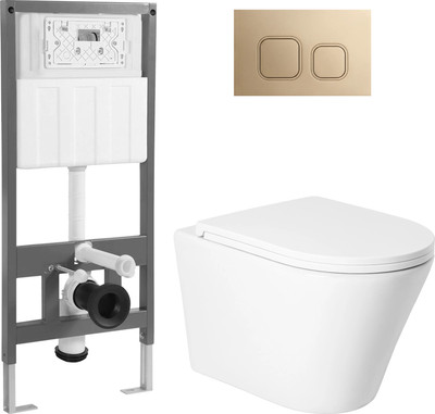 Унитаз подвесной с инсталляцией Saniteco KW-9005W + 501 + K02-PG (с кнопкой, матовое золото)