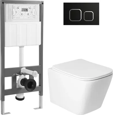 Унитаз подвесной с инсталляцией Saniteco KW-9004WS + 501 + K02-B (с кнопкой, черный)
