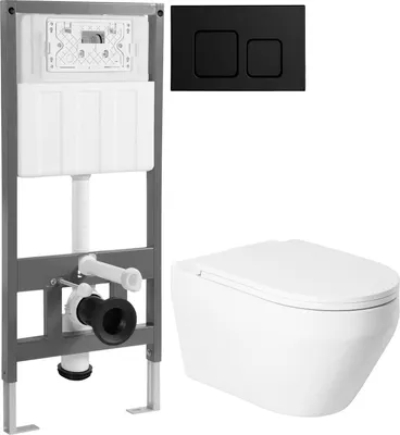 Унитаз подвесной с инсталляцией Saniteco KW-9009W + 501 + K02-SB (с кнопкой, черный)