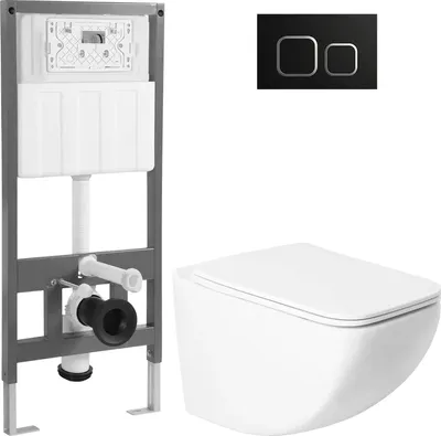 Унитаз подвесной с инсталляцией Saniteco KW-99048 + 501 + K02-B (с кнопкой, черный)