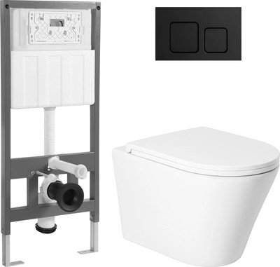 Унитаз подвесной с инсталляцией Saniteco KW-9005W + 501 + K02-SB (с кнопкой, черный)