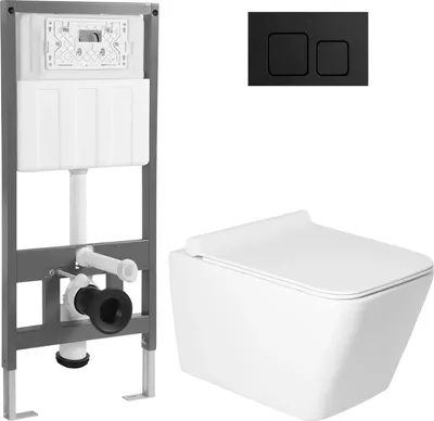 Унитаз подвесной с инсталляцией Saniteco KW-9004W + 501 + K02-SB (с кнопкой, черный)