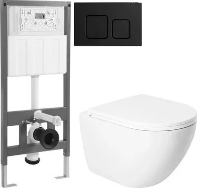 Унитаз подвесной с инсталляцией Saniteco KW-9003WT + 501 + K02-SB (с кнопкой, черный)