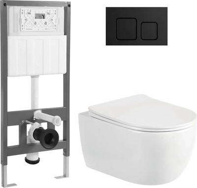 Унитаз подвесной с инсталляцией Saniteco Rimless R-209W + 501 + K02-SB (с кнопкой, черный)